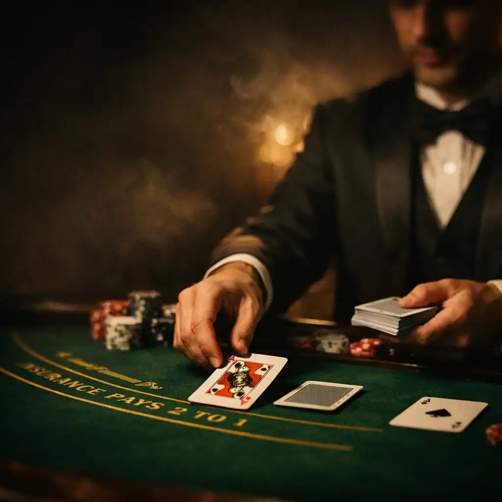 Krupier rozdający karty przy stole do blackjacka w ciemnym kasynie