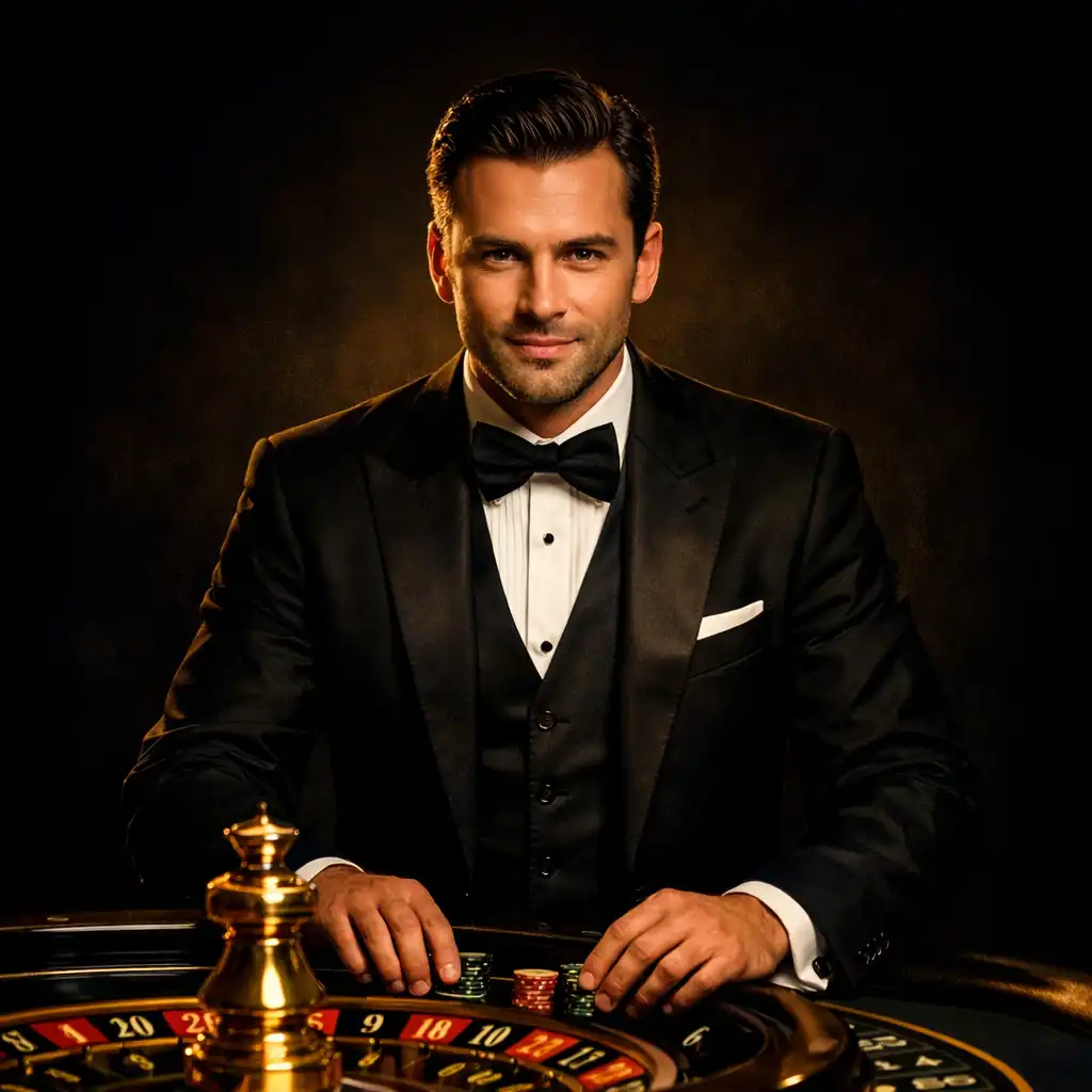 Portret krupiera przy stole do ruletki w eleganckim stroju